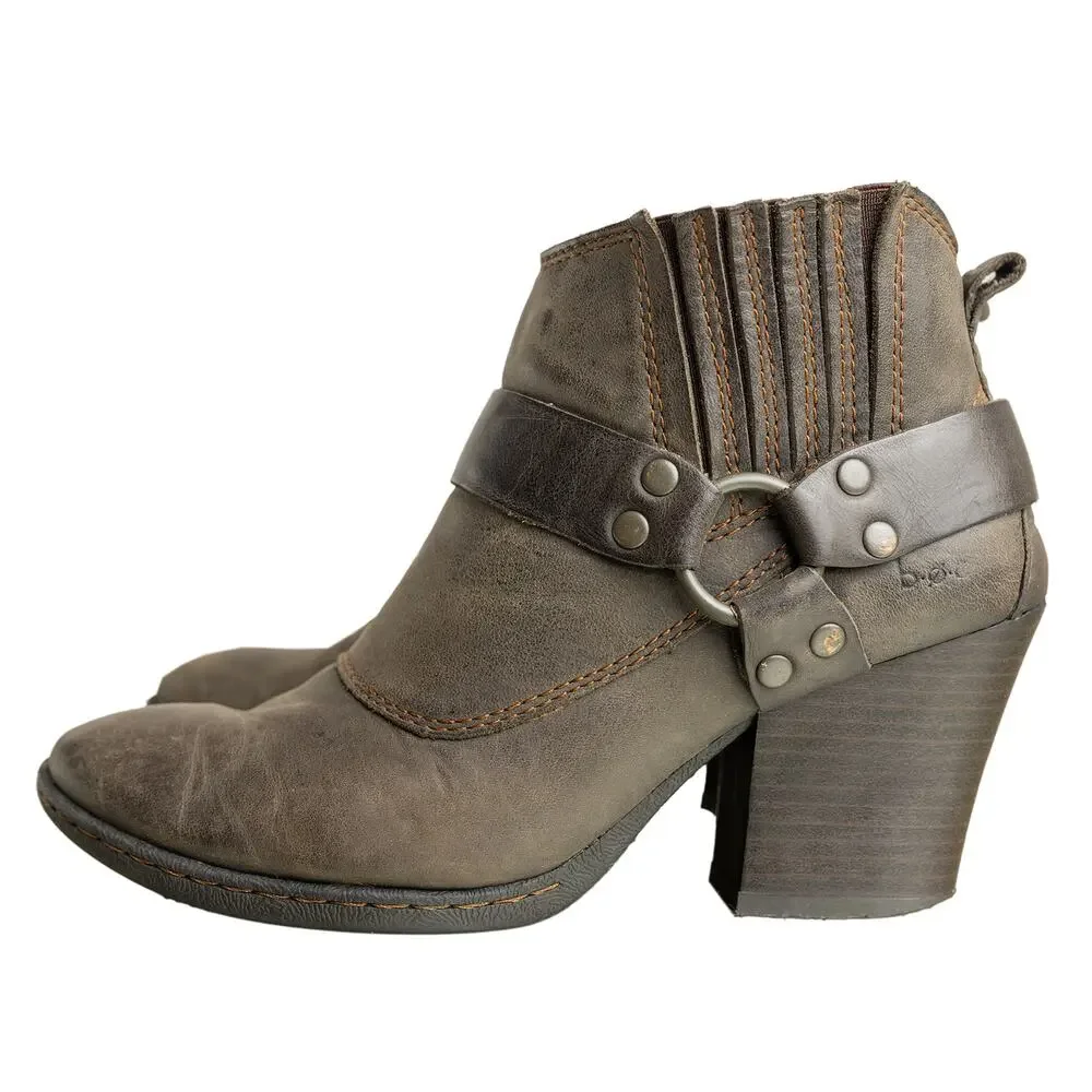 B.O.C Sasha Leather Harness Boot Distressed Gray Moto Western Style Ankle Bootie